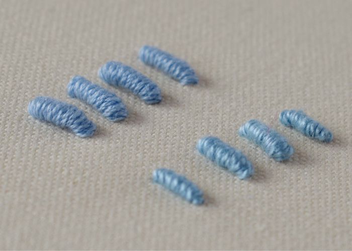 बुलियन नॉट स्टिच का नमूना। नीली कढ़ाई वाले सोता और मोती कपास के साथ कढ़ाई